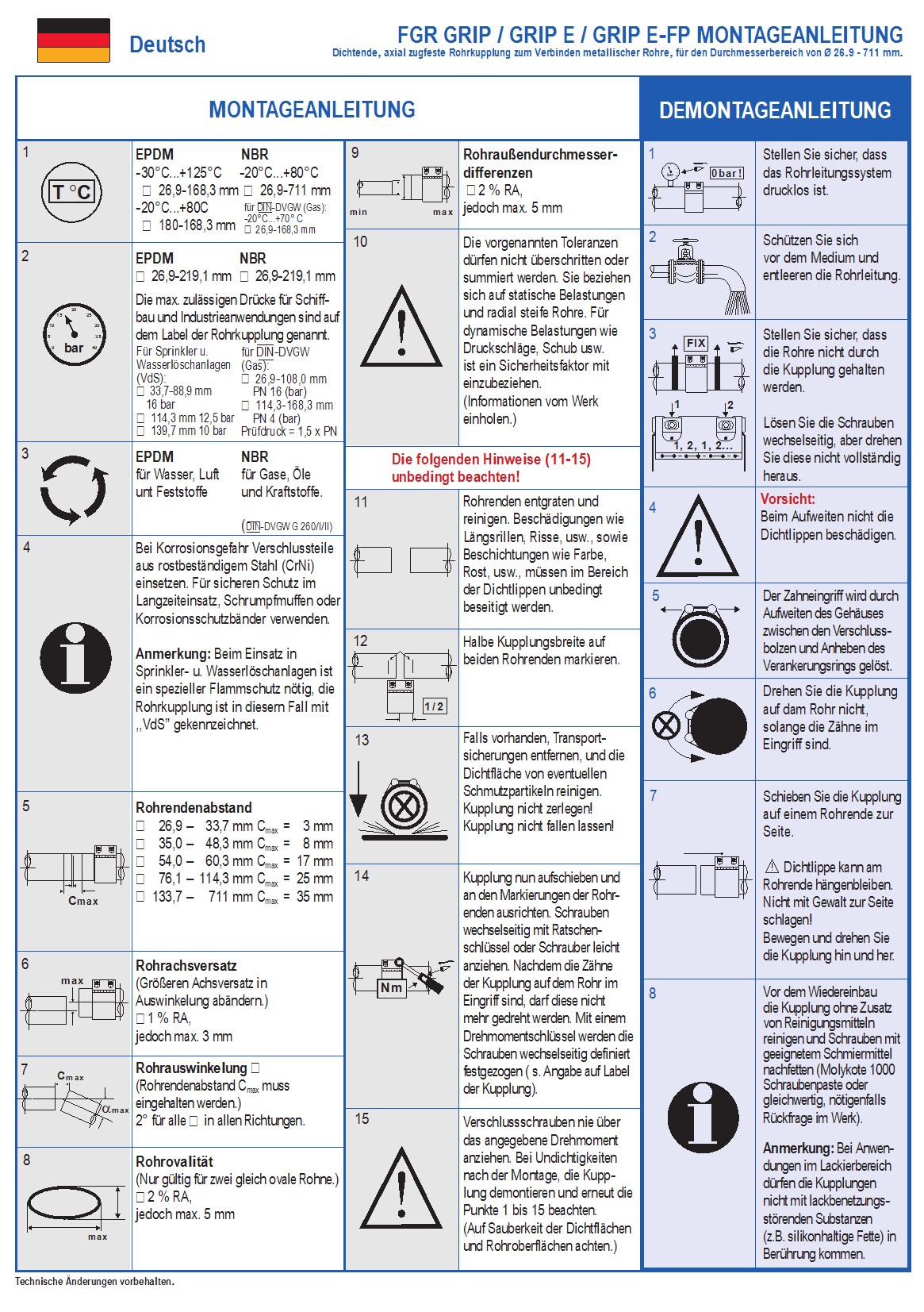 Technische Montage- und Demontageanleitung für FGR GRIP Rohrkupplungen, umfassend Spezifikationen für EPDM und NBR, Maßtabellen für Rohrabstand und Achsversatz sowie detaillierte, bebilderte Schritt-für-Schritt-Anweisungen mit Warnhinweisen.