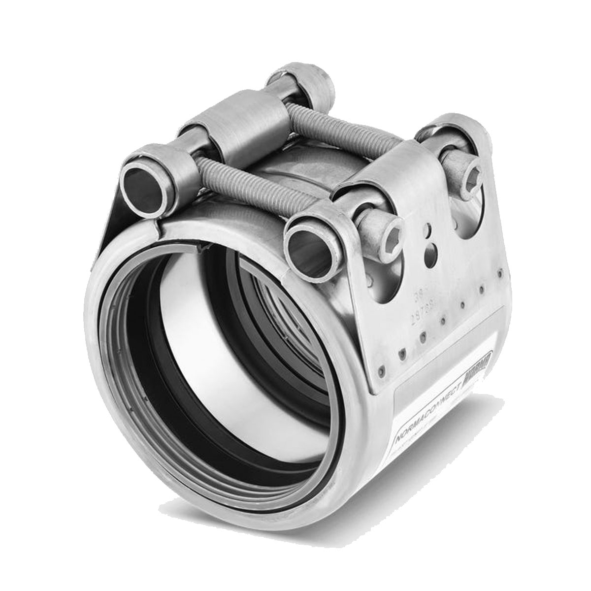 Plast-Grip Rohrkupplung für Kunststoffrohre aus Edelstahl, mit robusten Schraubverbindungen zum sicheren Verbinden von Rohren.