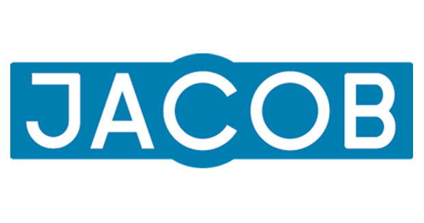 JACOB Logo mit weißem Schriftzug auf blauem Hintergrund und einem stilisierten 'C'.