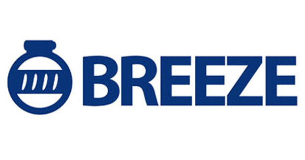 BREEZE Logo: Blaues, stilisiertes Messbecher-Symbol mit Füllstandsanzeige und dem Schriftzug BREEZE in Großbuchstaben.