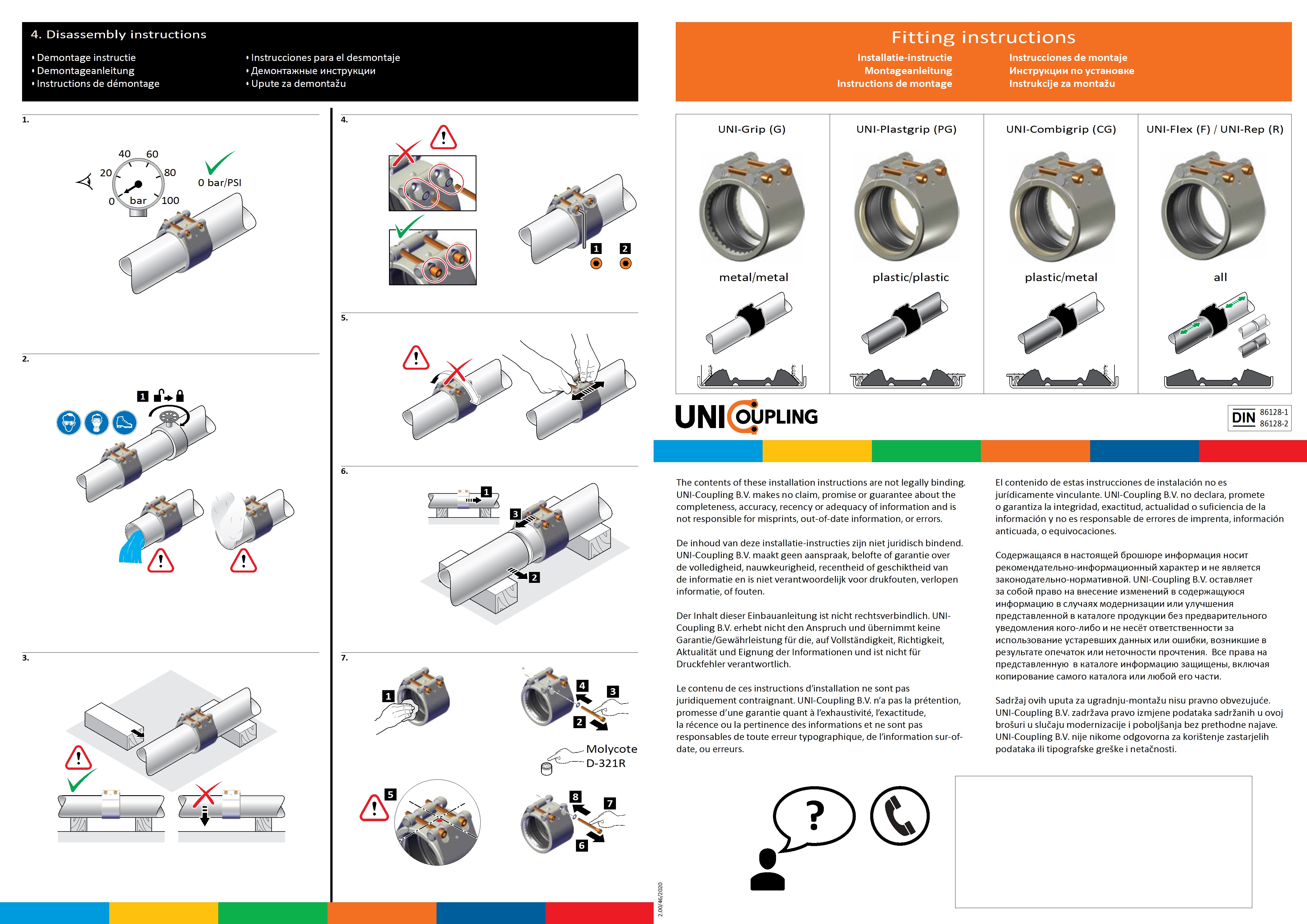 Technische Montage- und Demontageanleitung für den EFC22412 CPC-Stecker der EFC-Serie, dargestellt am Beispiel von UNI-Kupplungen. Das Bild zeigt schrittweise Diagramme für die Installation und das Entfernen von Rohrverbindern, inklusive Sicherheitsanweis