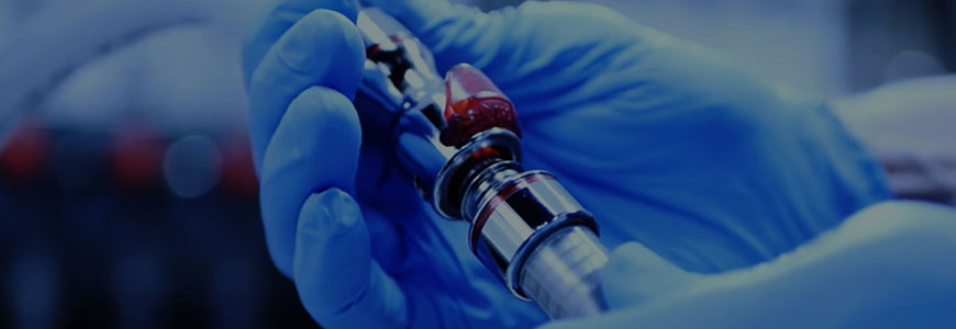 Eine in einen blauen Handschuh gekleidete Hand hält ein Schnellkupplung aus Metall mit roter Farbmarkierung