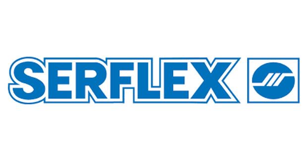 SERFLEX Logo: Blauer Schriftzug 'SERFLEX' mit weißer Umrandung und blauem Kreissymbol mit drei weißen Linien auf weißem Hintergrund.