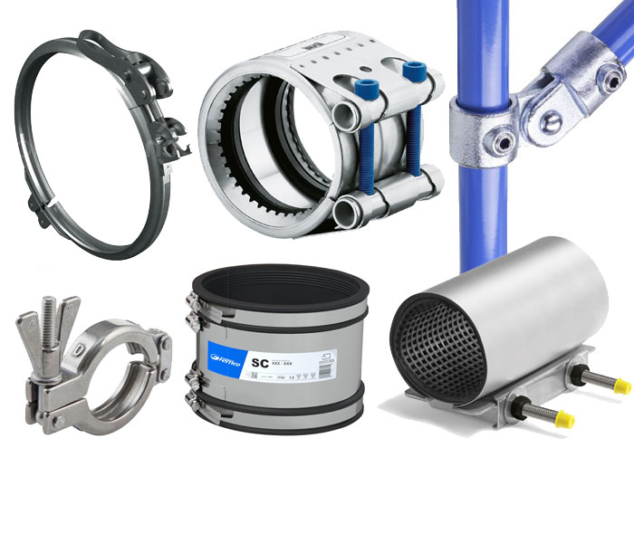 Verschiedene Metallkomponenten für Rohrleitungssysteme, wie Rohrschellen, Reparaturkupplungen und Winkelverbinder.